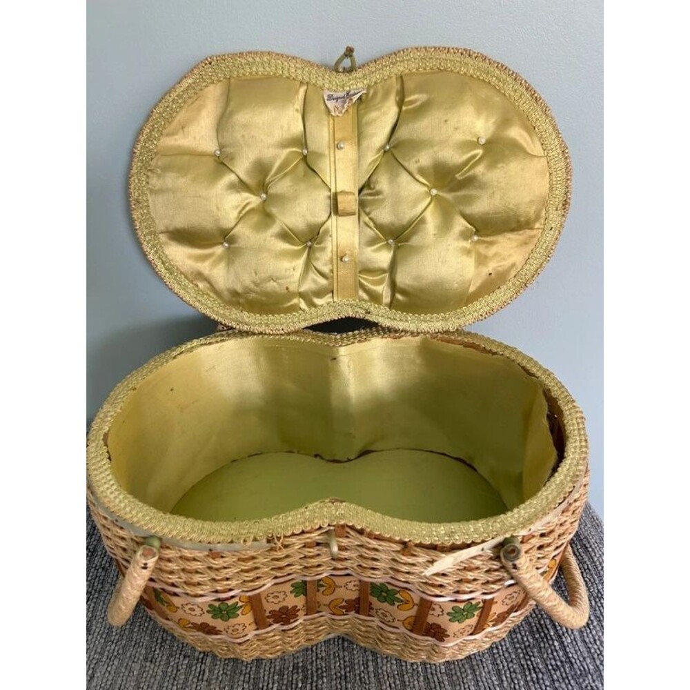 VTG RARE large sewing box - satin pincushion lid -broken hinge- MCM, retro, 60s